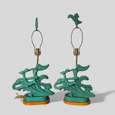 Royal Haeger Table Lamps Green Matte Nymph Riding Doe Deer Different Finials USA