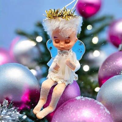 Vintage Pixie Angel Ornament Tulle Wired Wings Gold Accents Halo Felt 1950s