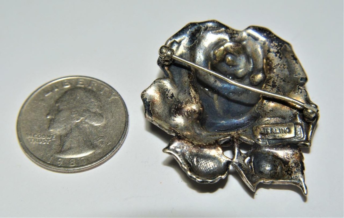 Antique or vintage sterling Silver 3D Rose Flower Pin Brooch 40mm