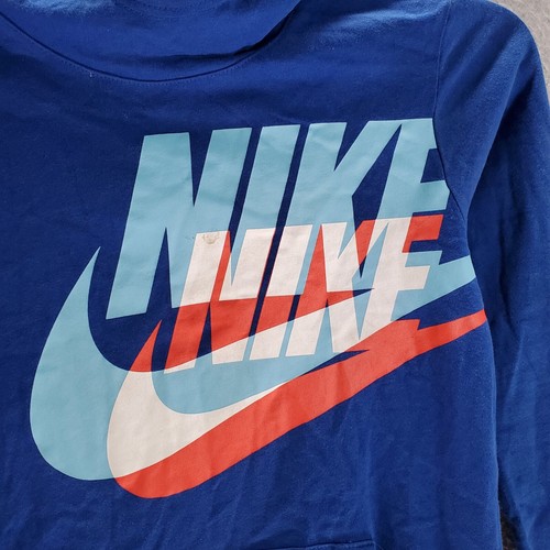 Nike Boys Sweater Large Blue Hoodie Logo Graphic 3D Swoosh Pockets Long Sleeve - Picture 2 of 11