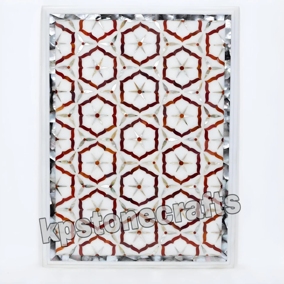 Handcrafted White Marble Inlay Tabletop 24"x18" – Mother of Pearl & Cornelian - Image 2 of 4