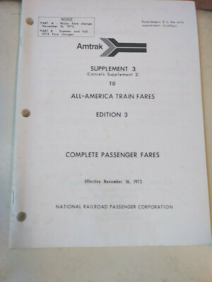 Sammlerstück Amtrak Beilage 3 zu All-America Train Fares Ausgabe 3 16.11.1973