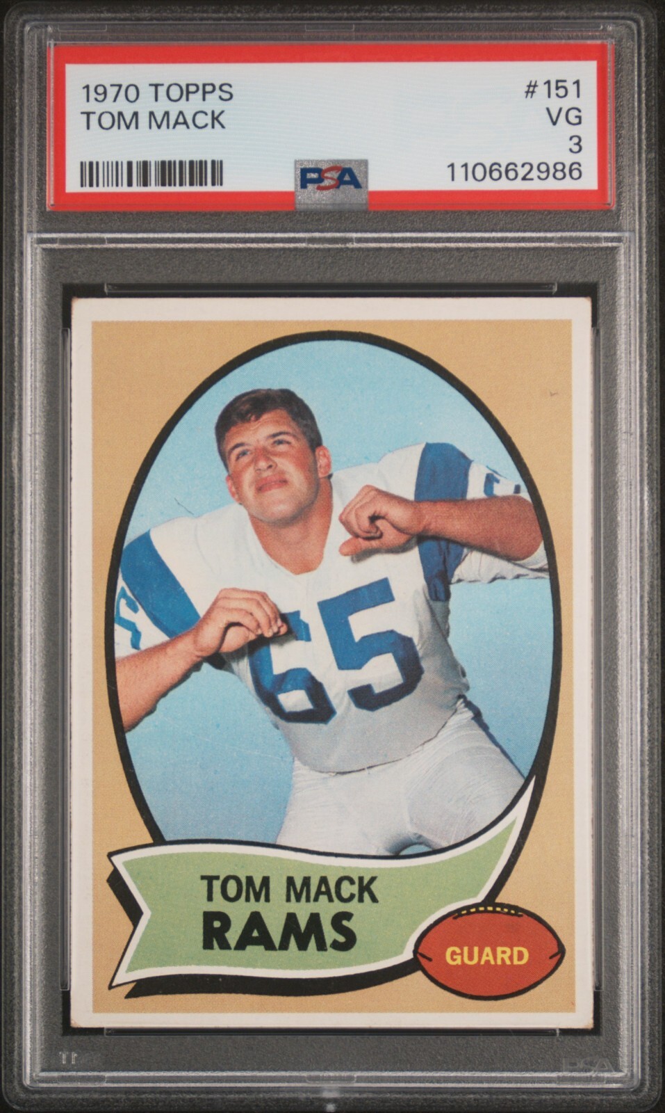 1970 Topps Football #151 Tom Mack Rookie RC Los Angeles Rams PSA 3 VG