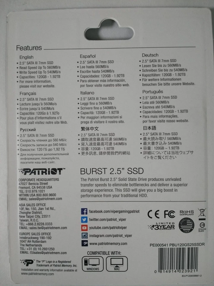 Patriot Burst Elite 120GB 2.5" SATA3 6GB/s Internal Solid State Drive For PC/MAC - Image 2 of 2