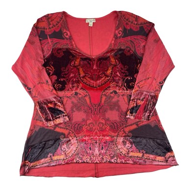 Live & Let Live Tunic Womens 3X Red Multicolor Graphic Bohemian Art to Wear