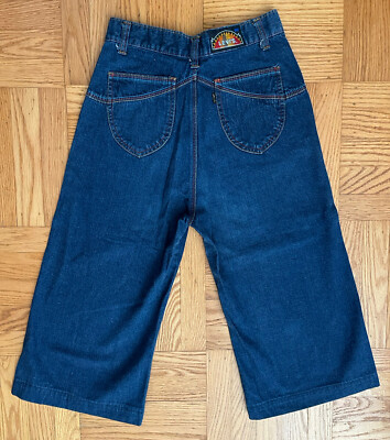 Vtg LEVIS Long Shorts Denim Pants 70s Rainbow Topstitch Wide Leg
