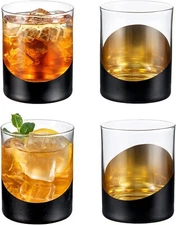 Black and Gold Tone Cocktail Glasses, 12 oz Whiskey Drinking Glasses, Set of 4