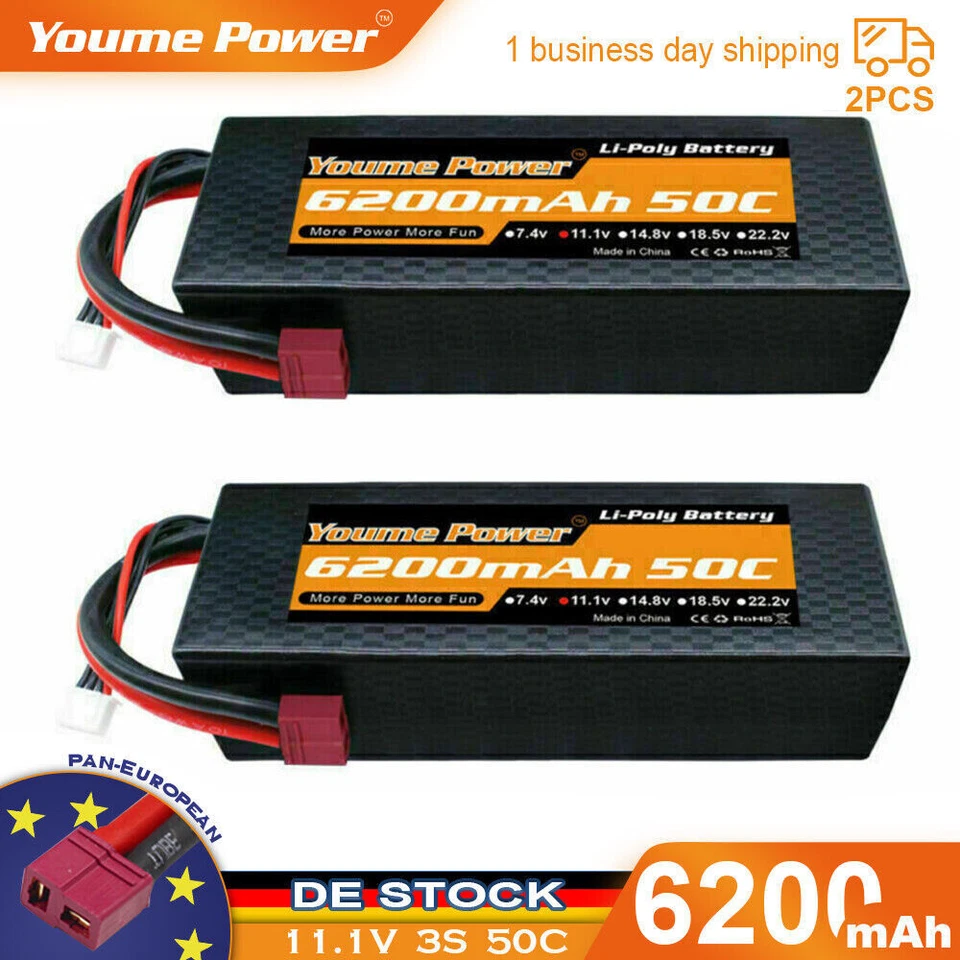 2 Stück 11,1V 3S 6200mAh 50C Lipo Akku Hardcase Deans für RC Auto & LKW