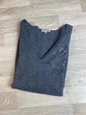 Bc20- Éric Bompard – Pull col V gris chiné hibou strass (cachemire & soie)