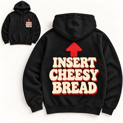 Insert Cheesy Bread Hoodie | Red Arrow Graphic | Unisex Black Pullover - Afbeelding 1 van 5