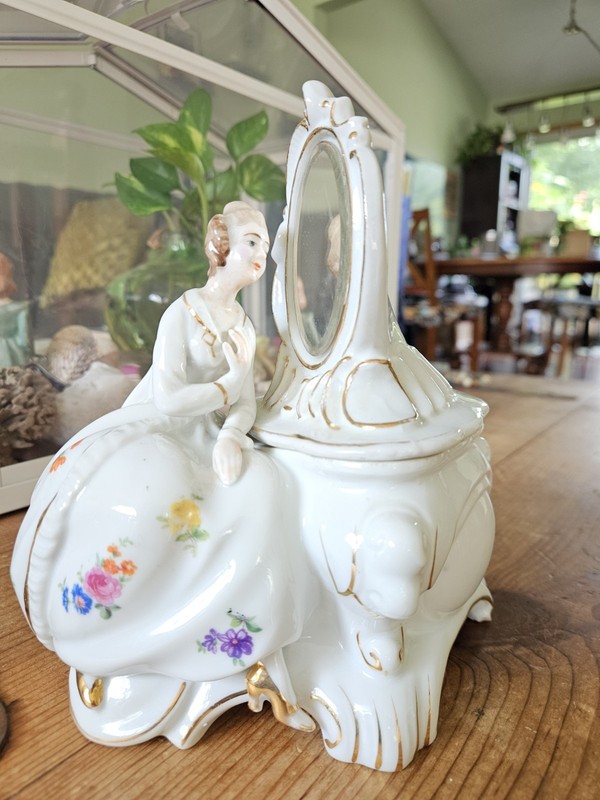 1950s Porcelain Mirrored Lady Trinket Powder Box Vanity Planter Vintage Decor