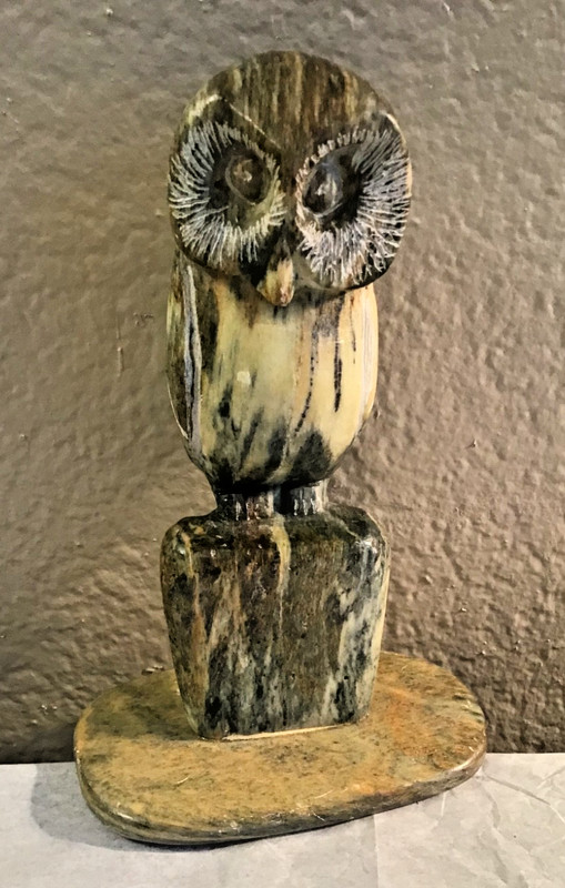 OWLS! Inuit soapstone OWL sculpture standing on post by Keith Willis 1978 Signed