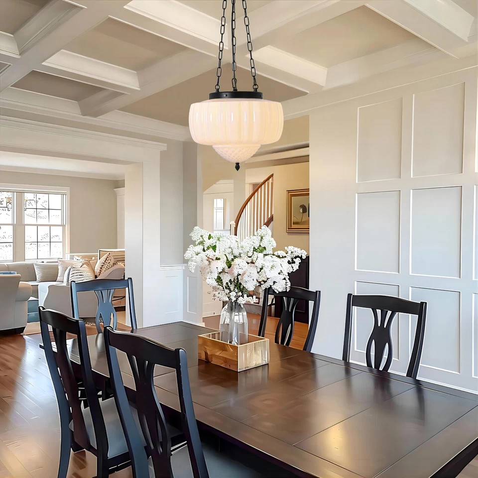 Lámpara Colgante Grande Vidrio Leche, 14" Mediados de Siglo Moderno Techo Escolar Li... Foto 2 de 4