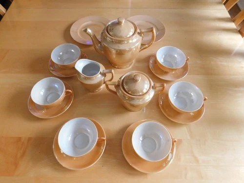 VTG Anchor Hocking Fire King Peach Lusterware 6 Cup/Saucer Tea Set w/extras