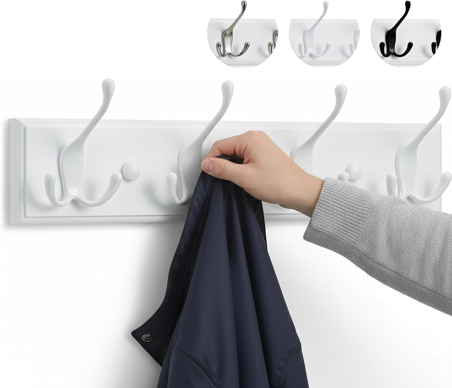 Appendiabiti Da Parete Bianco - 4 Ganci Tripli - 42 Cm - Attaccapanni Da Muro in