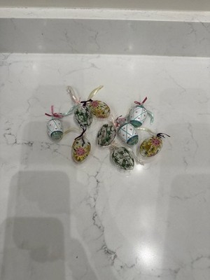 Lot of 9 Vintage Hand Painted Blown Glass Easter Egg Ornaments with Ribbon Ties