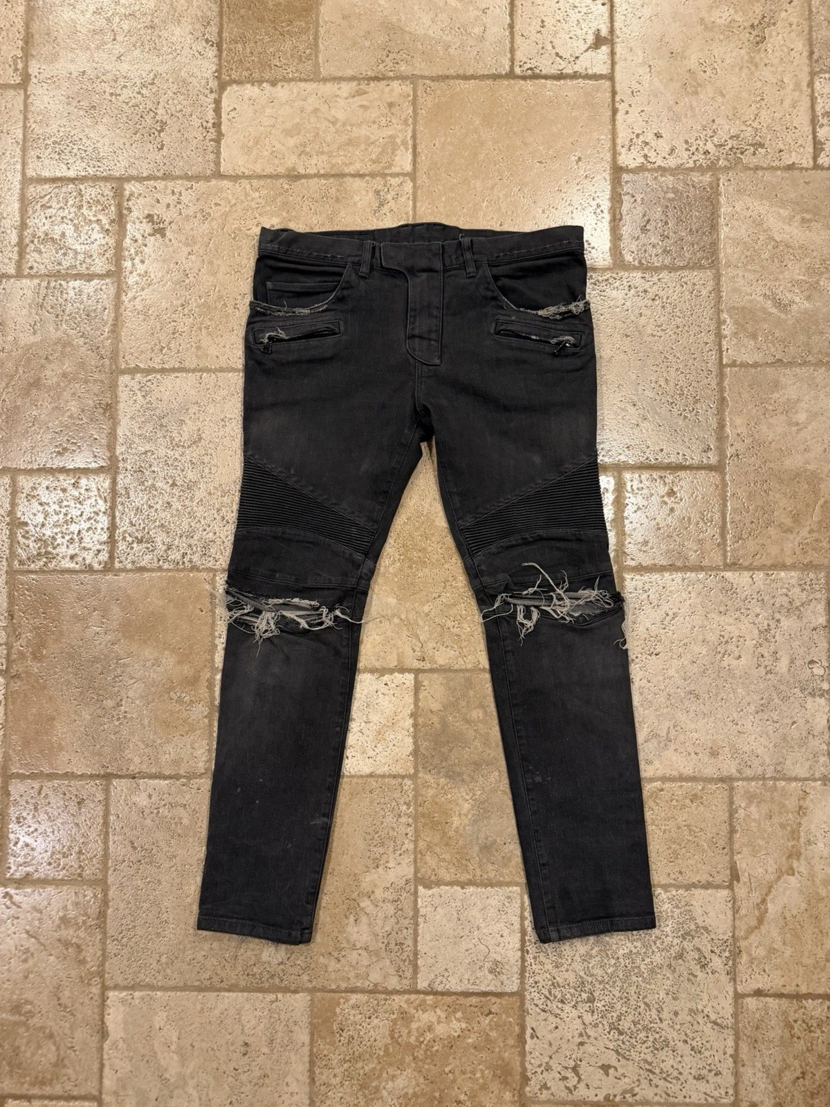 Balmain — Balmain Moto Biker Distressed Stone Dark Gray Denim Jeans