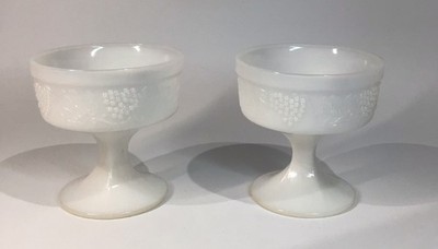 Milk Glass Footed Custard Sherbet Grape Pattern 2 Cups Beautiful-Pre Owned