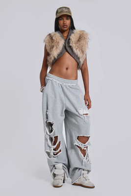 biggorange High Street Edge Solid Color Casual Pants Jogger Midwaist Ripped Pant