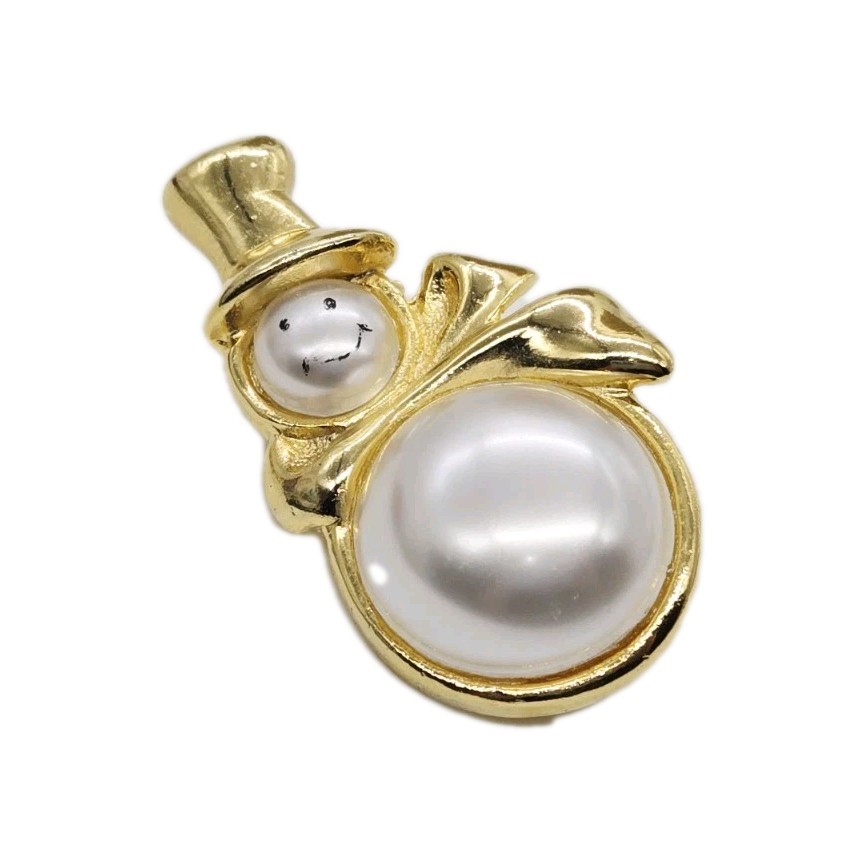 SNOWMAN Brooch Gold tone Faux Pearls Christmas Pin Vintage 1.5 in