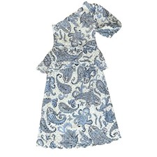 Farm Rio Anthro Women’s One Shoulder Eyelet Lace Blue White Paisley Midi Dress