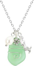 sea glass necklace, Beach Necklaces with Starfish Pendant Wire Wrapped Green