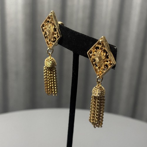 Orecchini Vintage Monet Clip-On Pendenti Nappa Tono Oro Filigrana Diamante Firmati - Foto 6 di 12