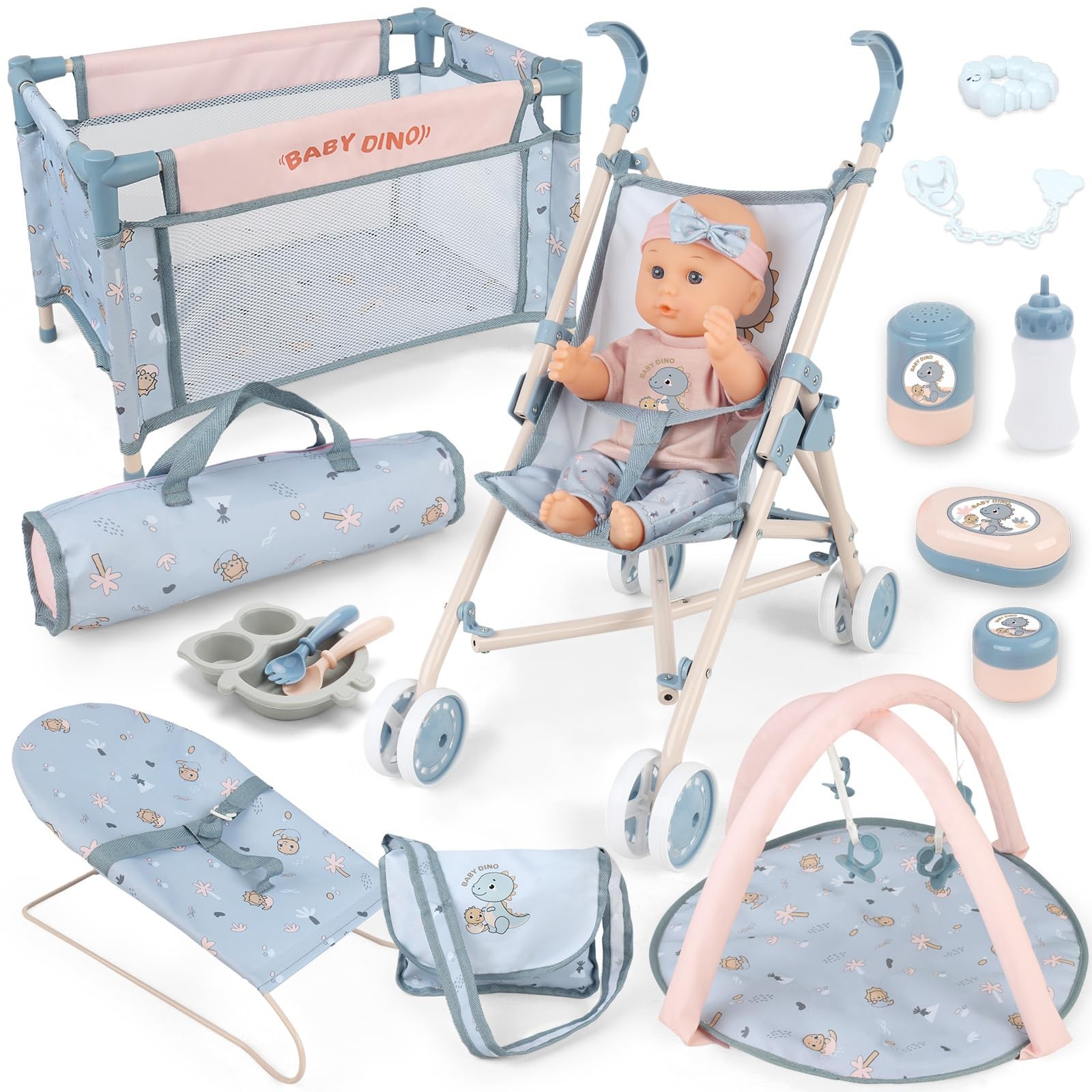 deAO Baby Doll Set,12 inch Playset with Stroller Crib Bed Blue 