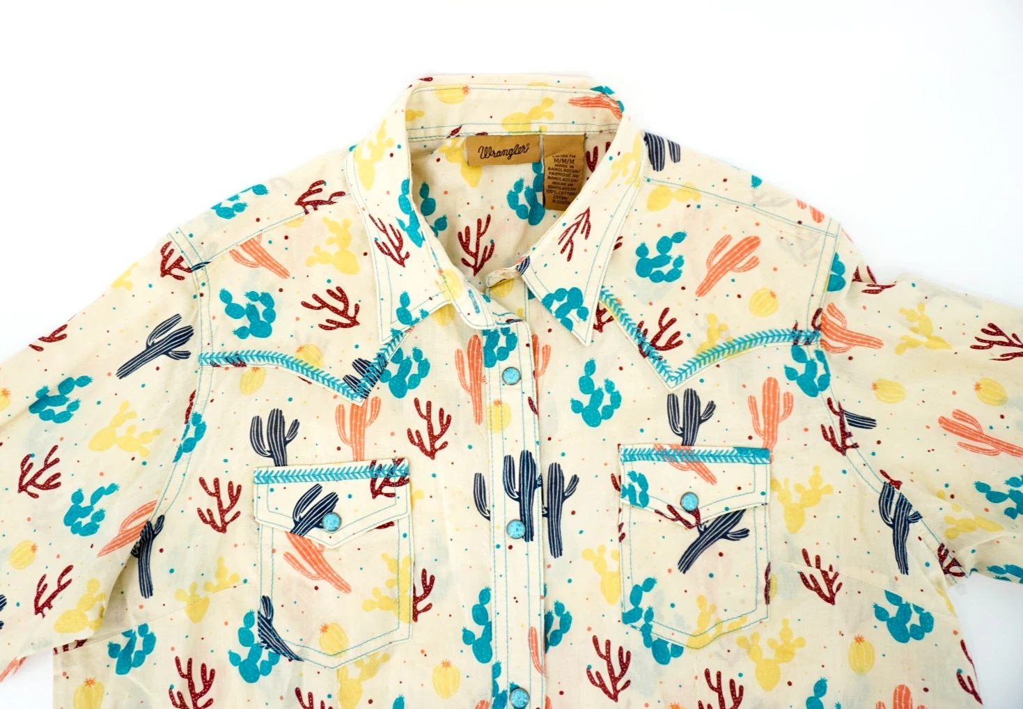 Wrangler Cactus Western Shirt Women Med Turquoise Snap Rodeo Ranchwear Cowgirl