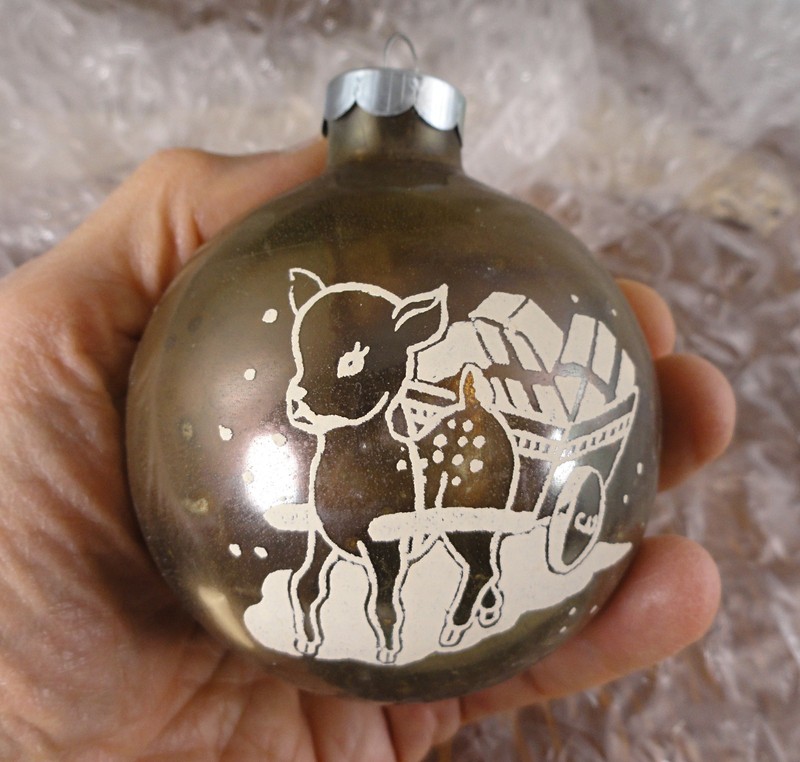 Vintage Franke Baby Deer Pulling Cart Stencil Glass Ball Christmas Ornament