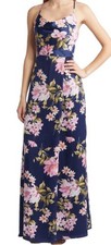 Lulus Womens Love of Romance Floral Satin Cowl Neck Open Back Maxi Dress Navy XS