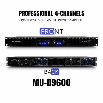 MUSYSIC MU-D9600 9600W Peak 4-Channel Pro Power Amplifier 1U Rackmount XLR