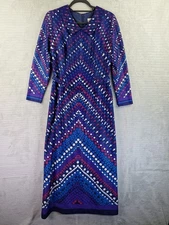 Vintage Ladies Pride Longsleeve Geometric Maxi Dress UK 16 Fully Lined + Belt