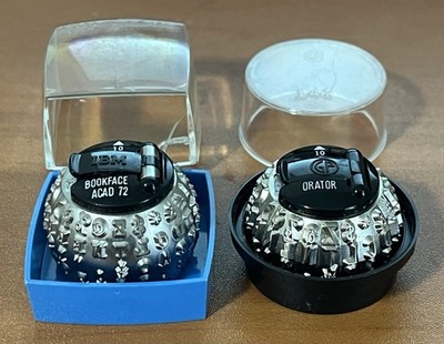 2 Unused IBM Selectric Typewriter 10 pt. Balls, Bookface Acad 72, Orator, Cases