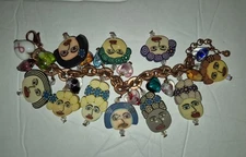 Fimo lady face bead bracelet 8" long copper chain