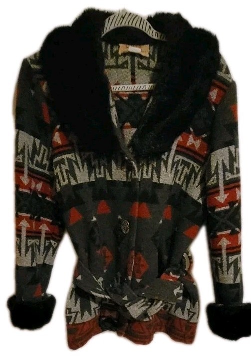 Vntg Lrge New Frontier Clothing CO Red Black Aztec Design Belt Jacket Y2K Chic