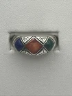 Vintage Domed Sterling Silver Lapis, Coral & Malachite Inlaid Ring Size 9