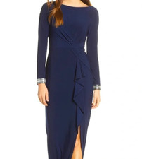 VINCE CAMUTO Navy Blue Soft Knit Ruched Ruffle Maxi Dress Front Slit Jeweled 2P