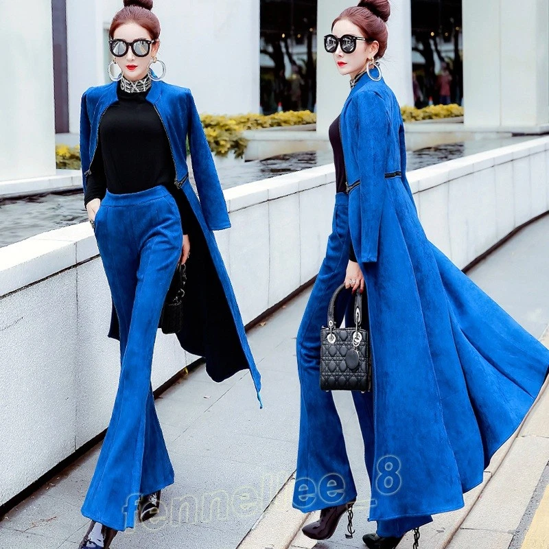 Women Slim Suede Trench Coat Jacket Pants Suit Trend High-waisted Flared  Trouser