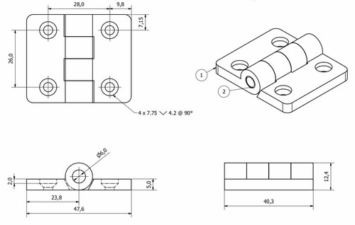 Bisagra de plástico de nailon reforzado negro 40x48 mm hecha en Italia calidad industrial 2 piezas - Imagen 3 de 4