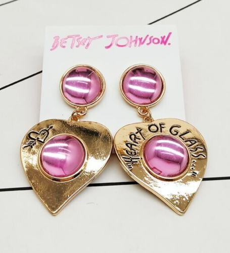 Betsey Johnson **LARGE**"Heart of Glass " Pink & Gold Heart Drop Earrings Gift