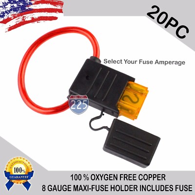 20 Pack 8 Gauge MAXI Inline Blade Fuse Holder 100% OFC Copper Wire + 30A - 120A