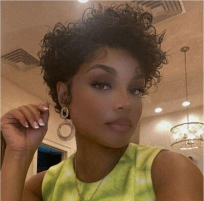 Short Lace Front Brazilian Human Hair Wig Black Pixie Cut Wave Curly WigCharming