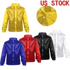 Kids Boys Sequins Shirts Top Long Sleeve Dance Party Show Costume Dancewear