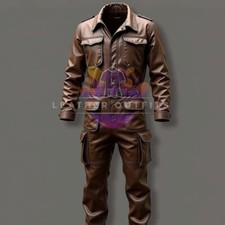 MEN'S GENUINE SOFT LEATHER BROWN JUMPSUIT CATSUIT FRONT ZIPPER OVERALL BODYSUIT