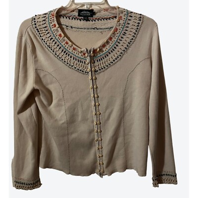 Icelandic Design Women's Large Full Zip Beaded Decorative Top Cream Orange Black