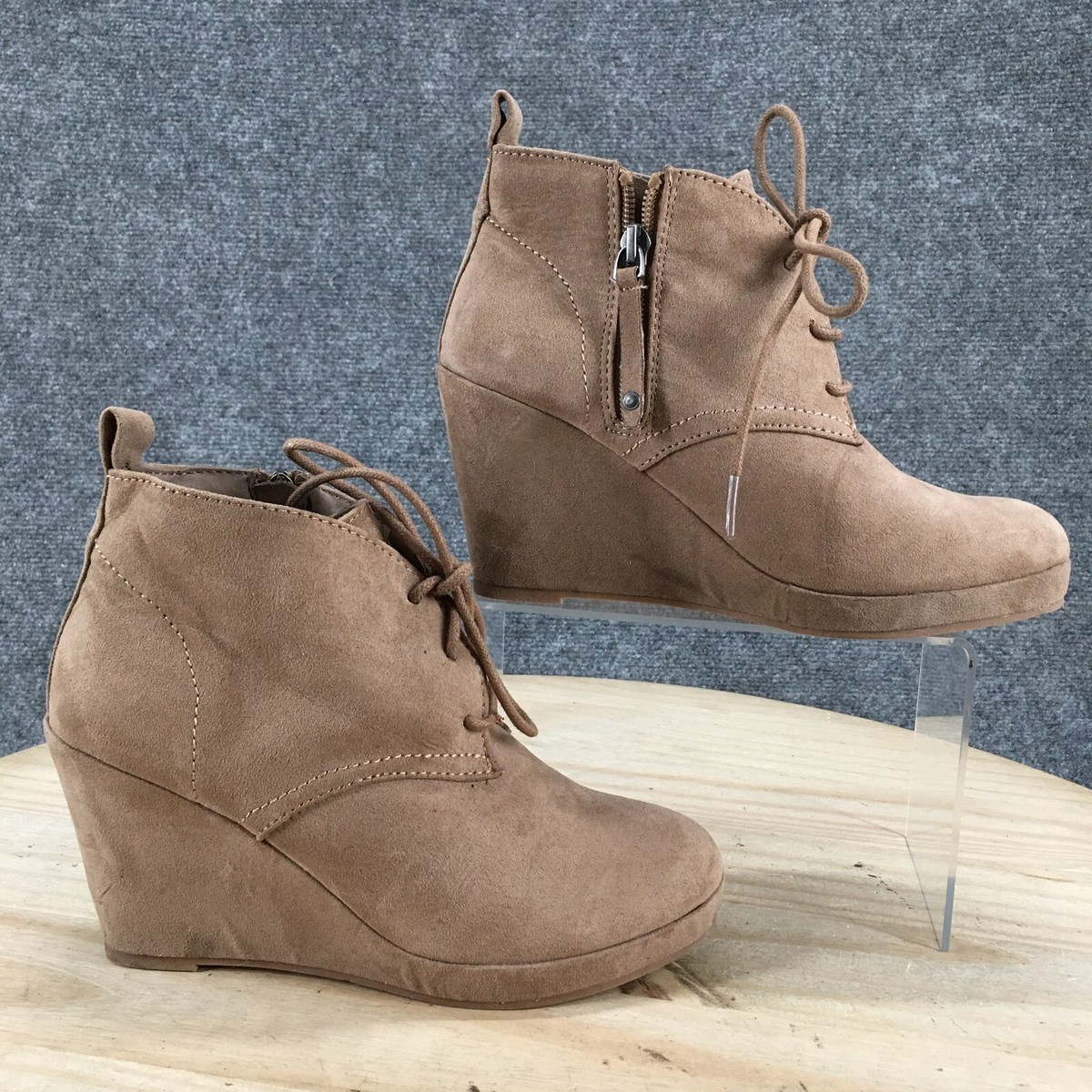 DV Dolce Vita Boots Womens Lace Up Wedge Ankle Booties Brown Fabric Side  Zip