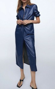 Zara WOMAN 2021 MIDI FAUX LEATHER SHIRT DRESS SHIRRED BLUE XS-XXL 2969/288 NWT | eBay