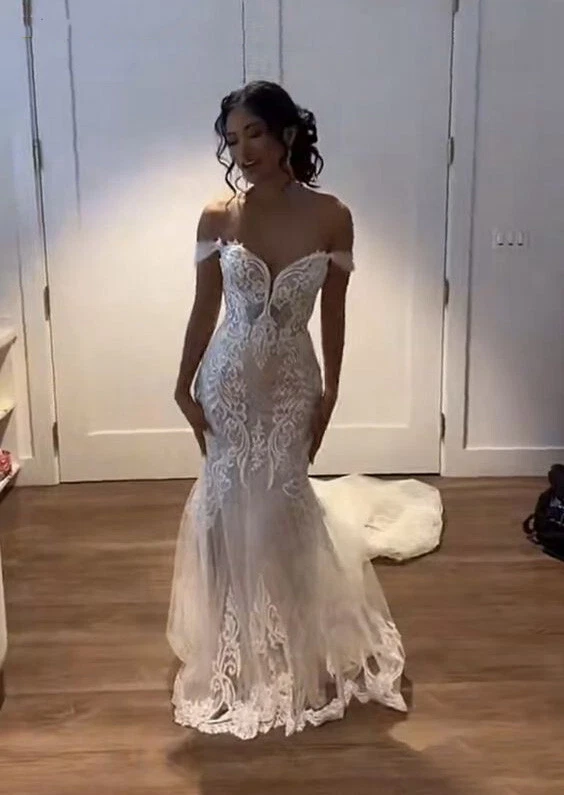 Русалка белый свадебные платья с плеча кружева аппликации богемное свадебные платья - Изображение 4 из 4