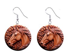 Faux Tool Leather Horse 3D Look Button Earrings Jewelry 1" Dangle MADE IN USA